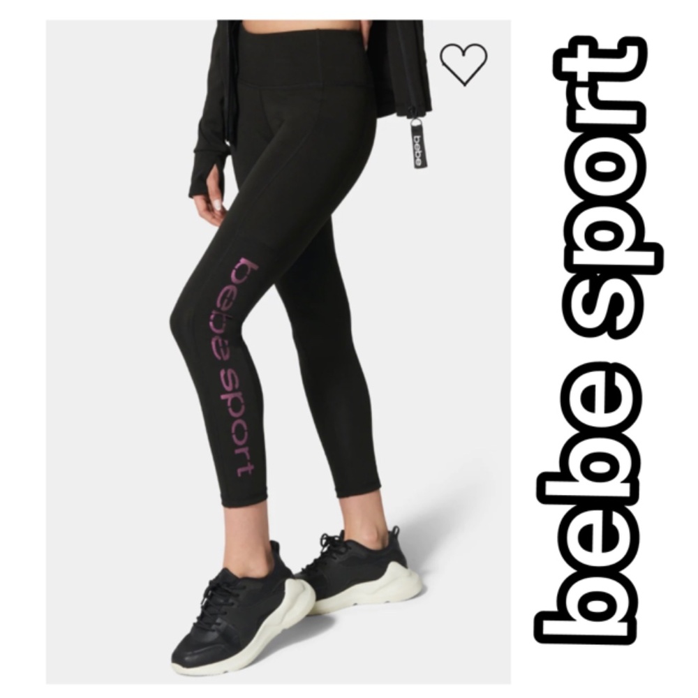 NWT BEBE SPORT COLOR BLOCK CAPRI LEGGING in BLACK & GREY COLOR with LOGO PRINT